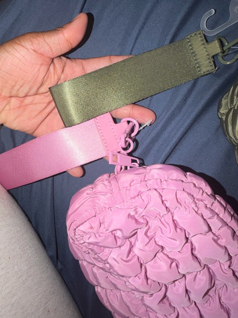 Ruffled Quilted Wristlet Clutch in Pink and Olive - Picture 2 of 3